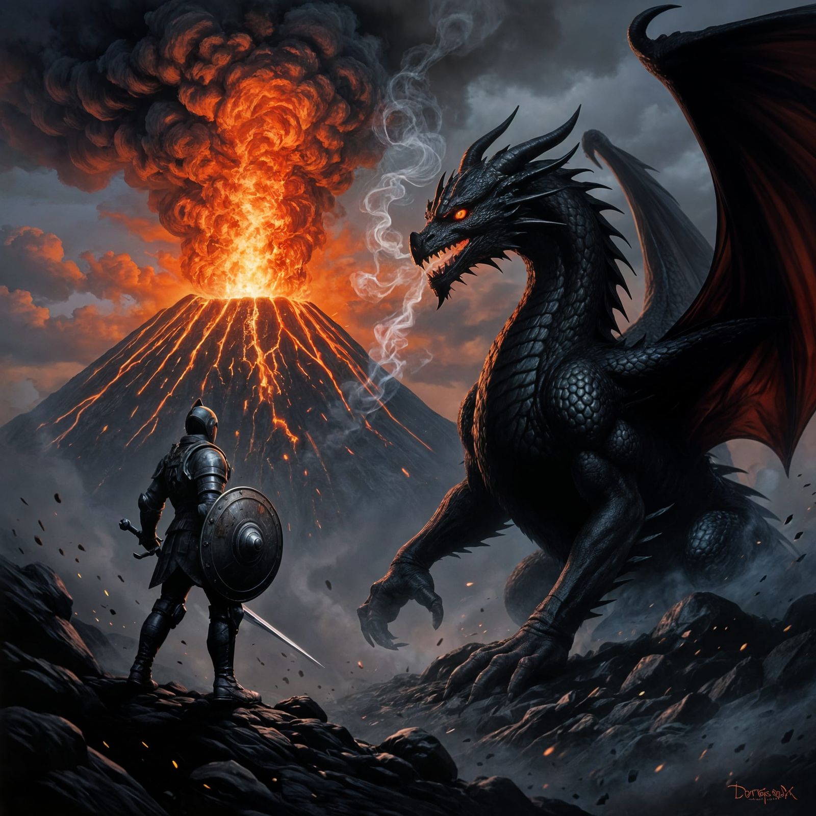 Knight and Dragon Face Off Before Smoking Volcano