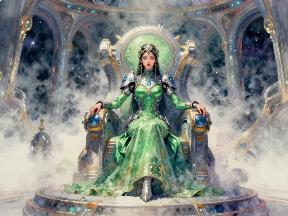 Central Asian Queen on Futuristic Throne in Cosmic Mansion