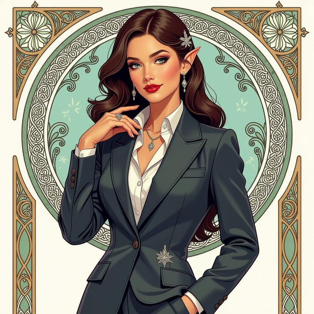 Elegant Elf CEO in Art Nouveau Cyberpunk Style