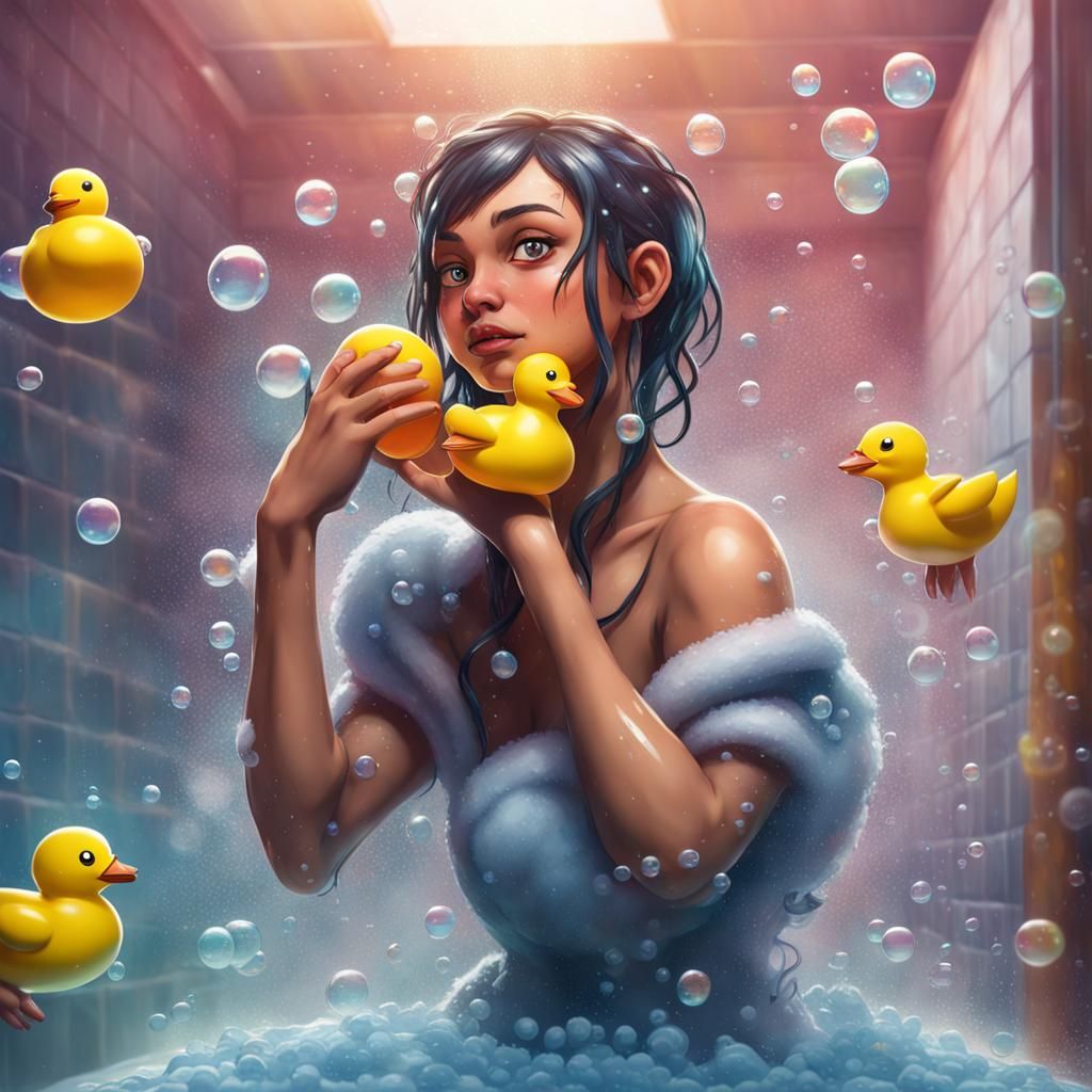 Hyperrealistic Nessa Splashes with Rubber Duck in Vibrant Sh...