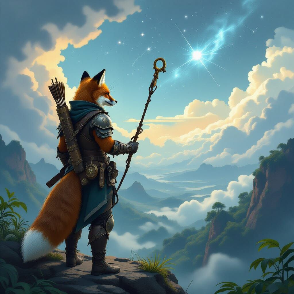 Fox Adventurer with Steampunk Grappling Hook on Rocky Outcro...
