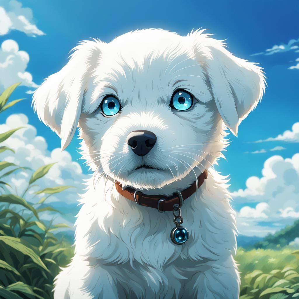A beautiful white puppy with big blue eyes