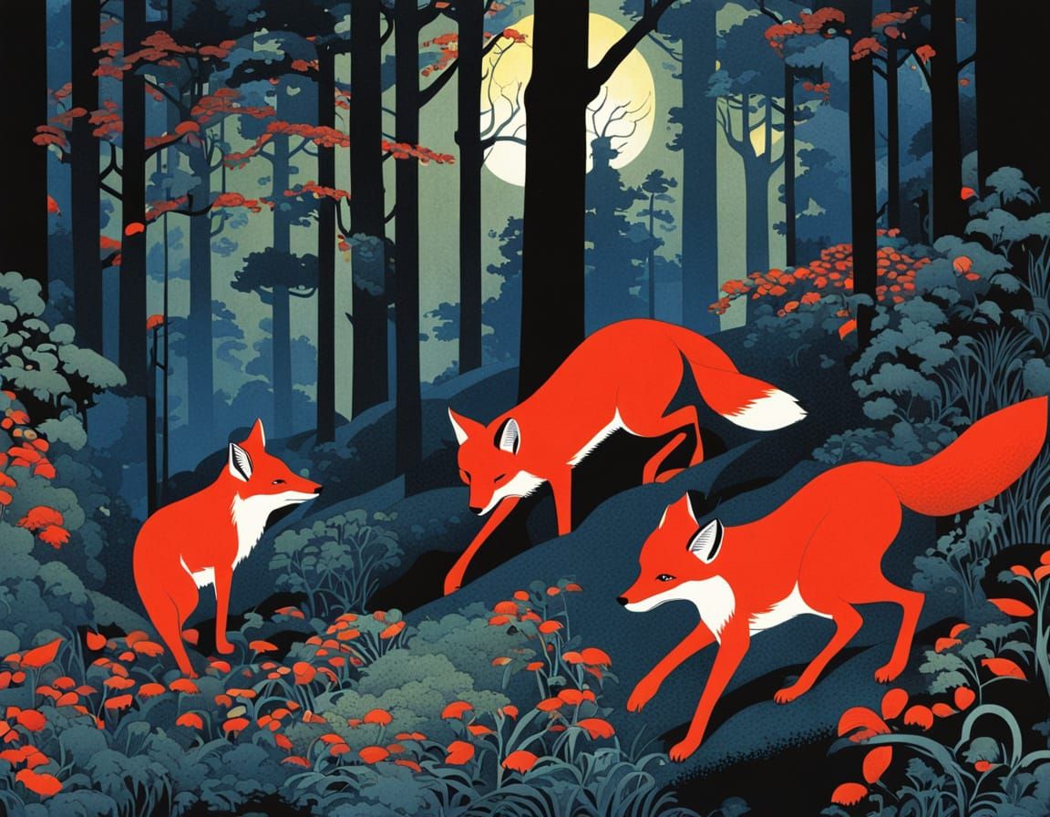 Red Foxes in Moonlit Woods by Grasset and Earle Style