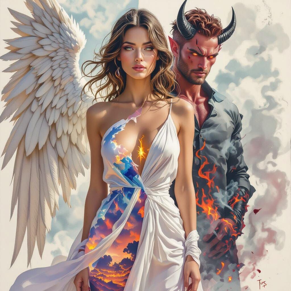 Angelic Devil Split Portrait in Realistic Style