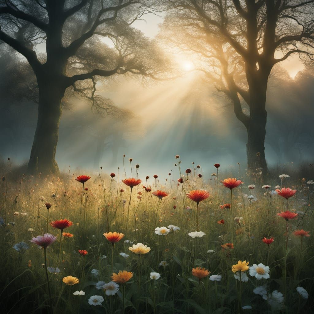 Golden Hour Meadow Blooms in Ethereal Whimsy