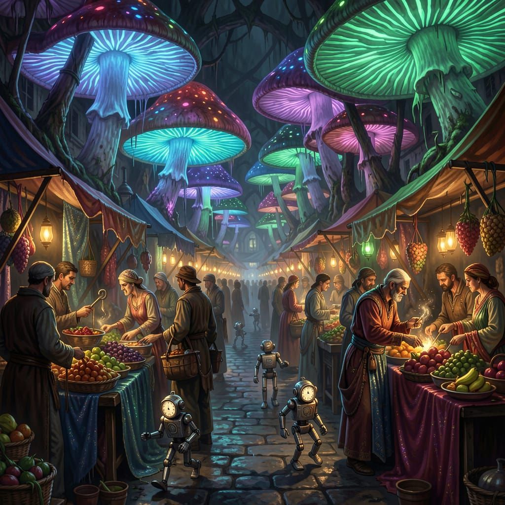 Bioluminescent Mushroom Marketplace with Clockwork Automaton...