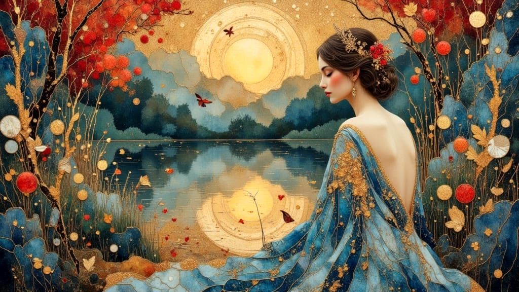 Lady in Garden Beside Pond, Digital Art