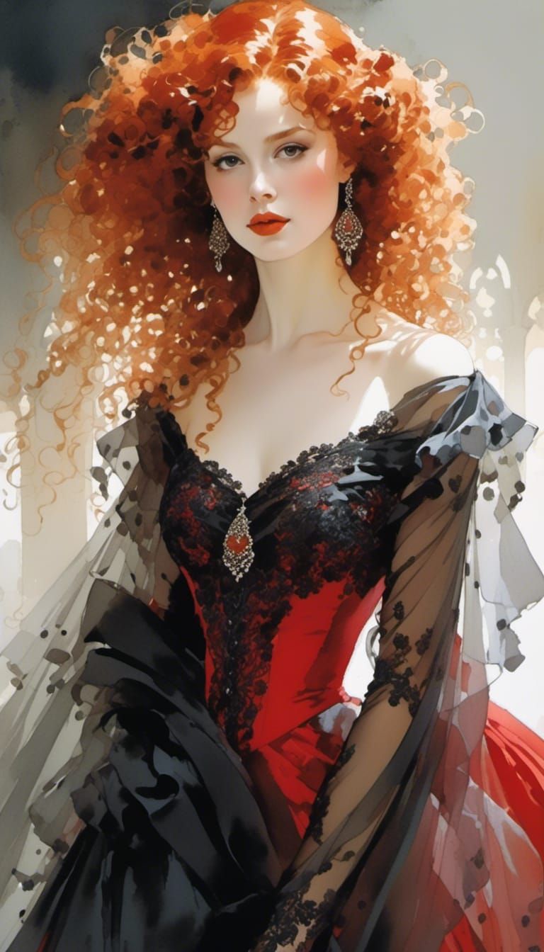 Ethereal Princess in Red Gown with Soft Lighting