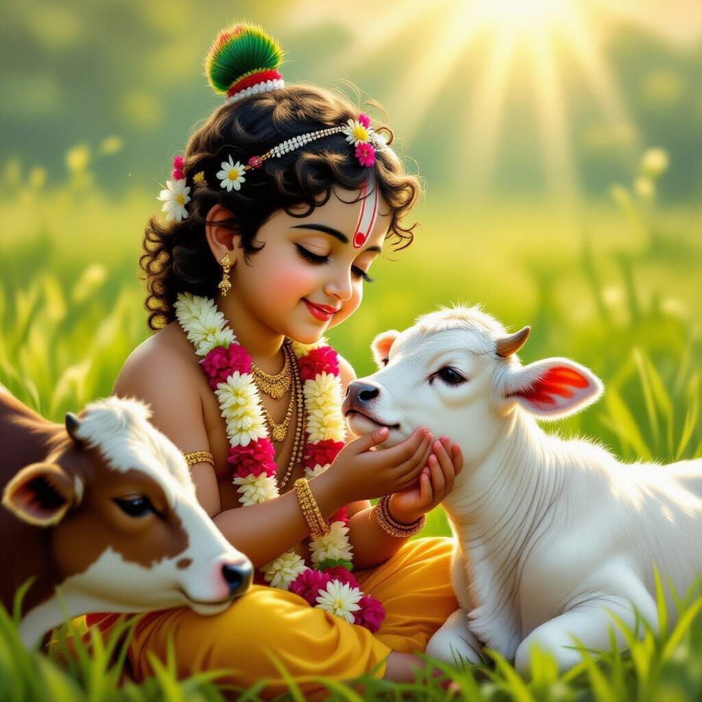 Krishna Feeding a Calf in Golden Sunlight
