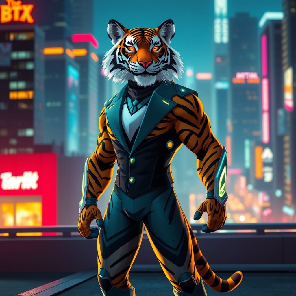 Confident Tiger Superhero in Neon Cityscape