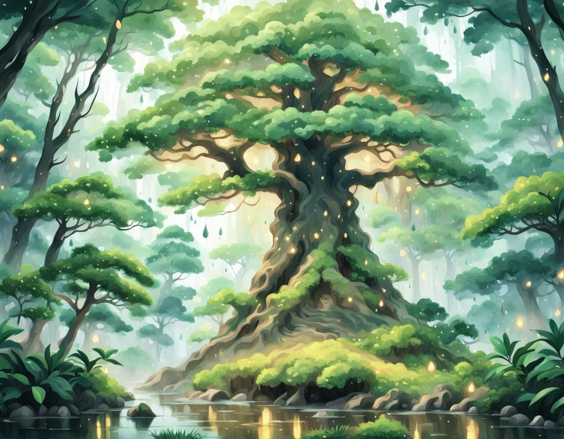 Lush Forest Tree on Rainy Day: Anime Key Visual
