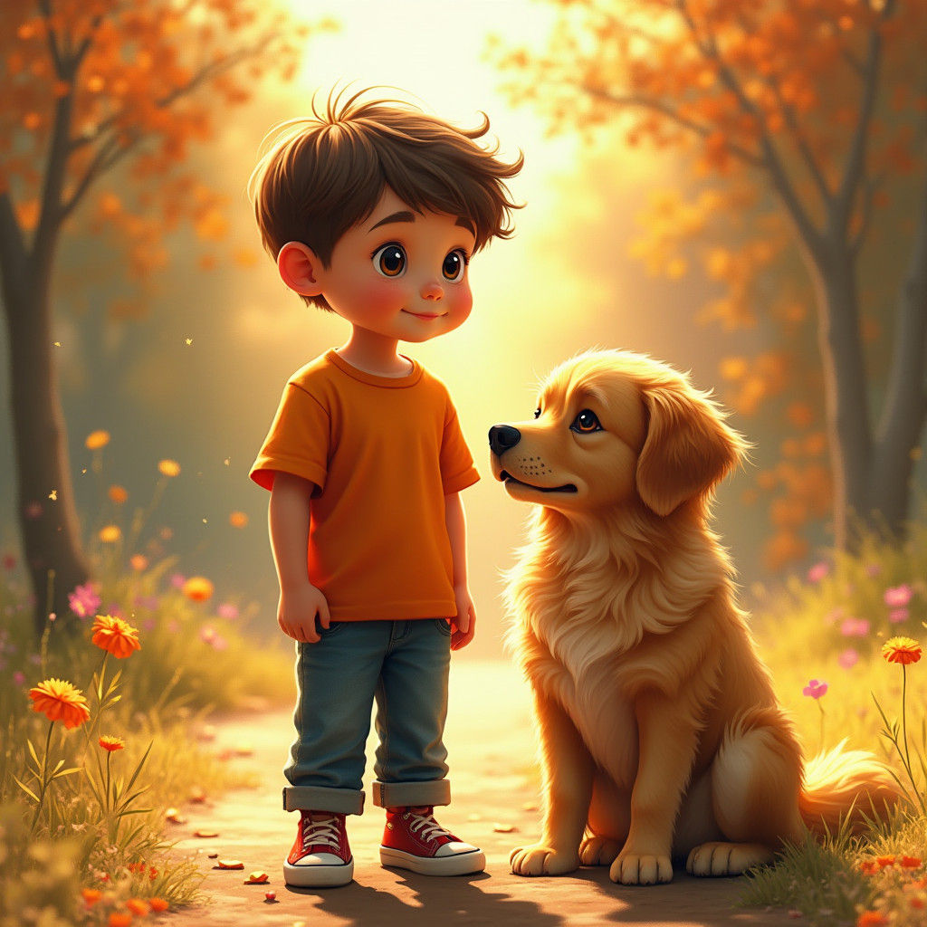 Little Boy and Loyal Dog in Vibrant Dreamlike Landscape