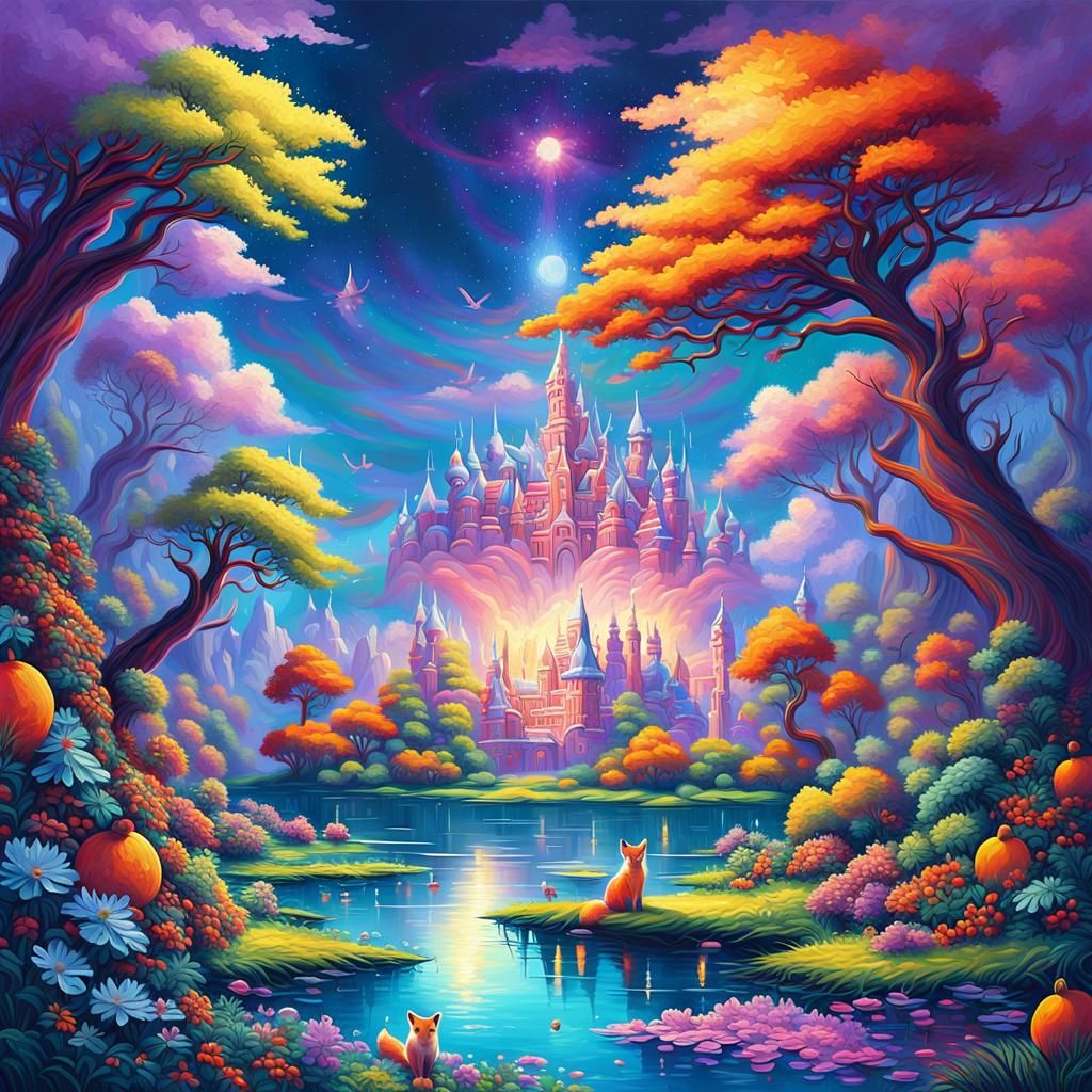 Surreal Fantasy Landscape with Fox in Vibrant Oil Painting S...