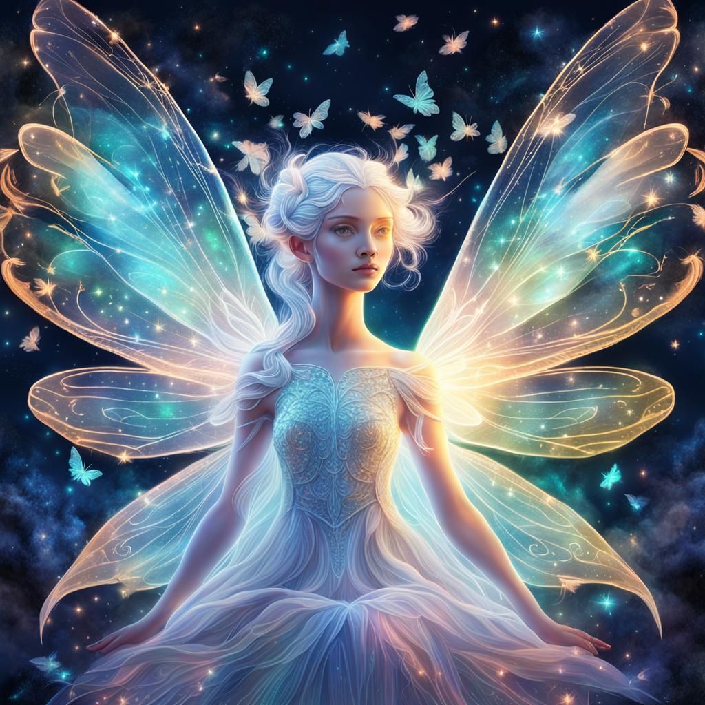 Luminous White Fairy Soars in a Vibrant Celestial Realm