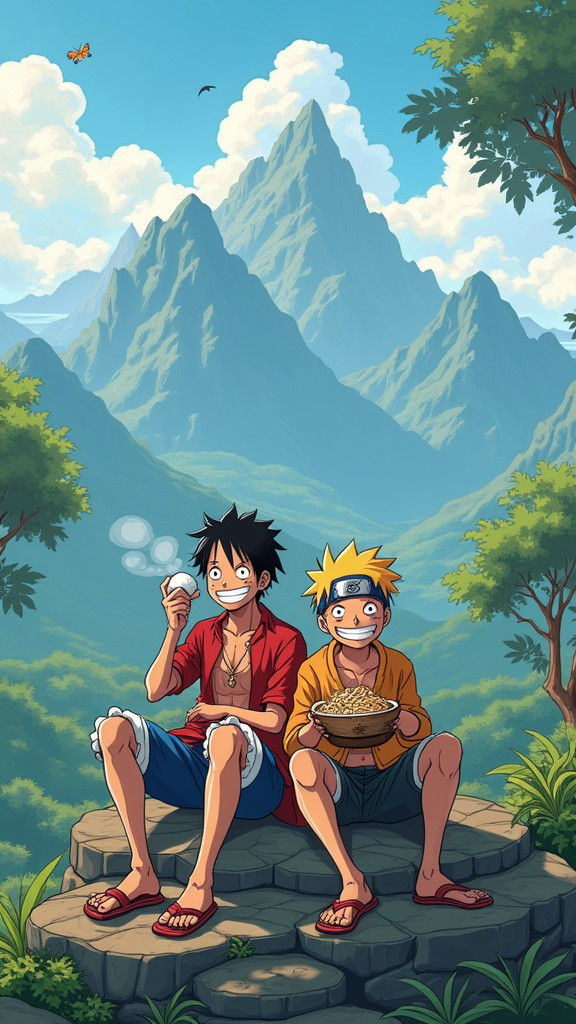 Anime Style Illustration of Luffy and Naruto Enjoying Nature