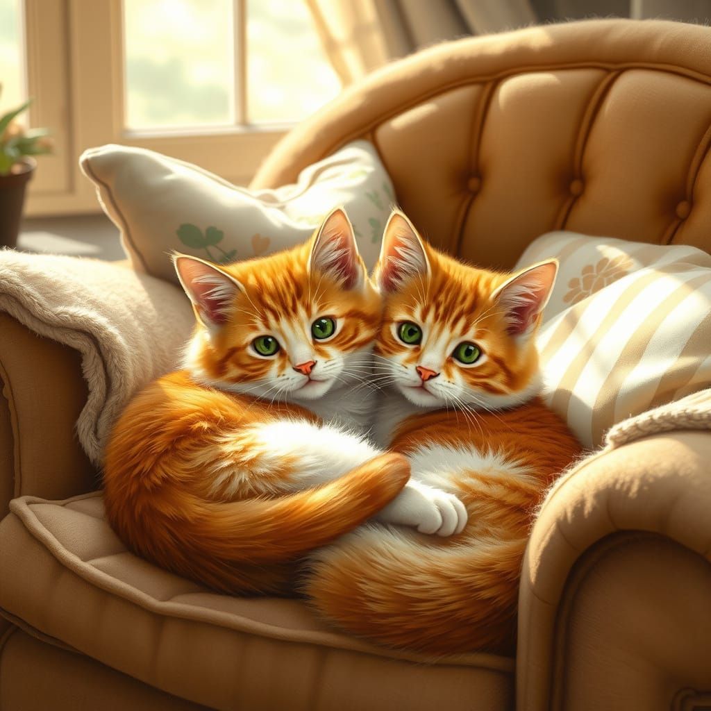 Whimsical Feline Friends in a Cozy Armchair Scene