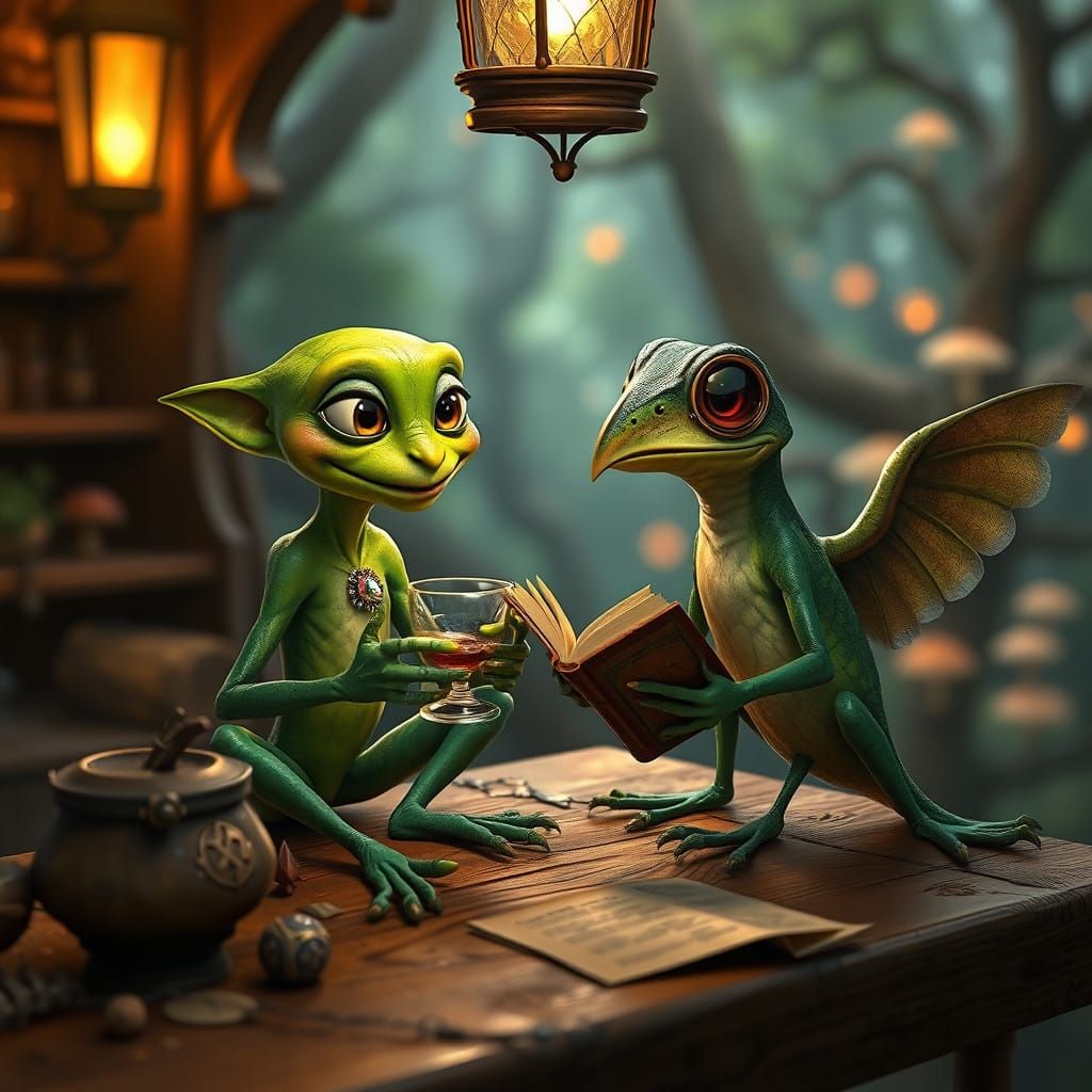 Steampunk Forest Duo in Whimsical Conversation