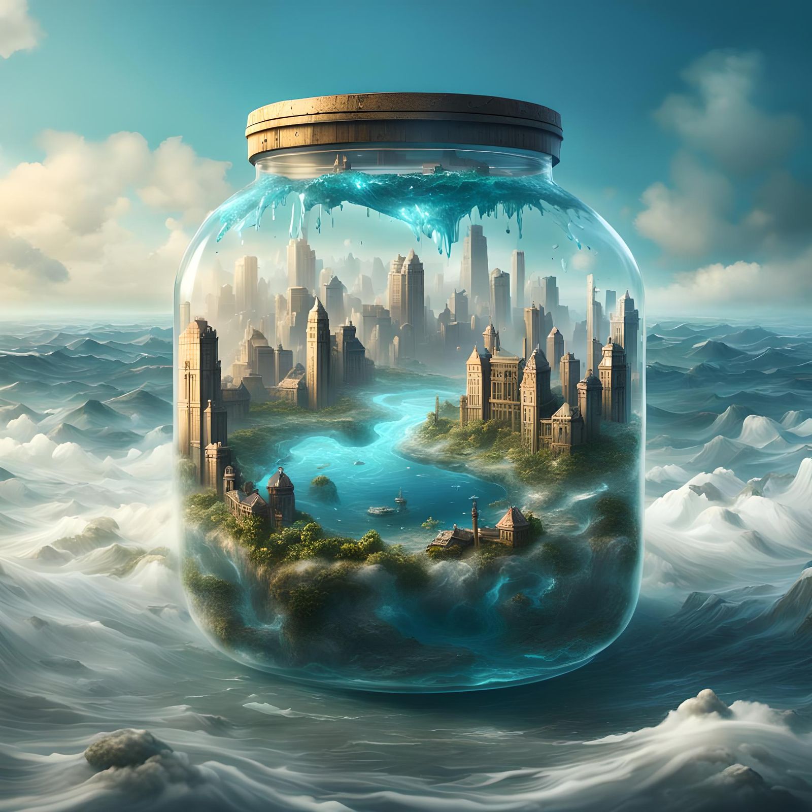 Fantastical Cityscape Floats Away in a Glass Jar