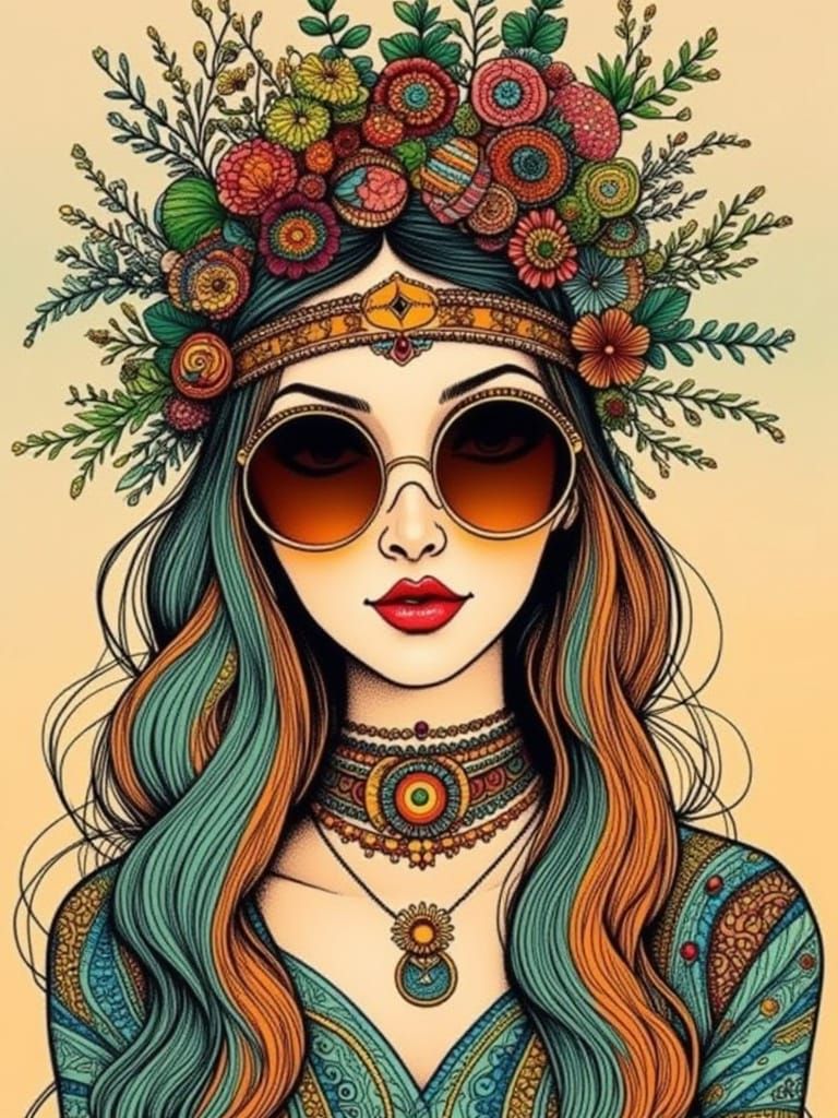 Bohemian Woman Portrait in Retro Psychedelic Style