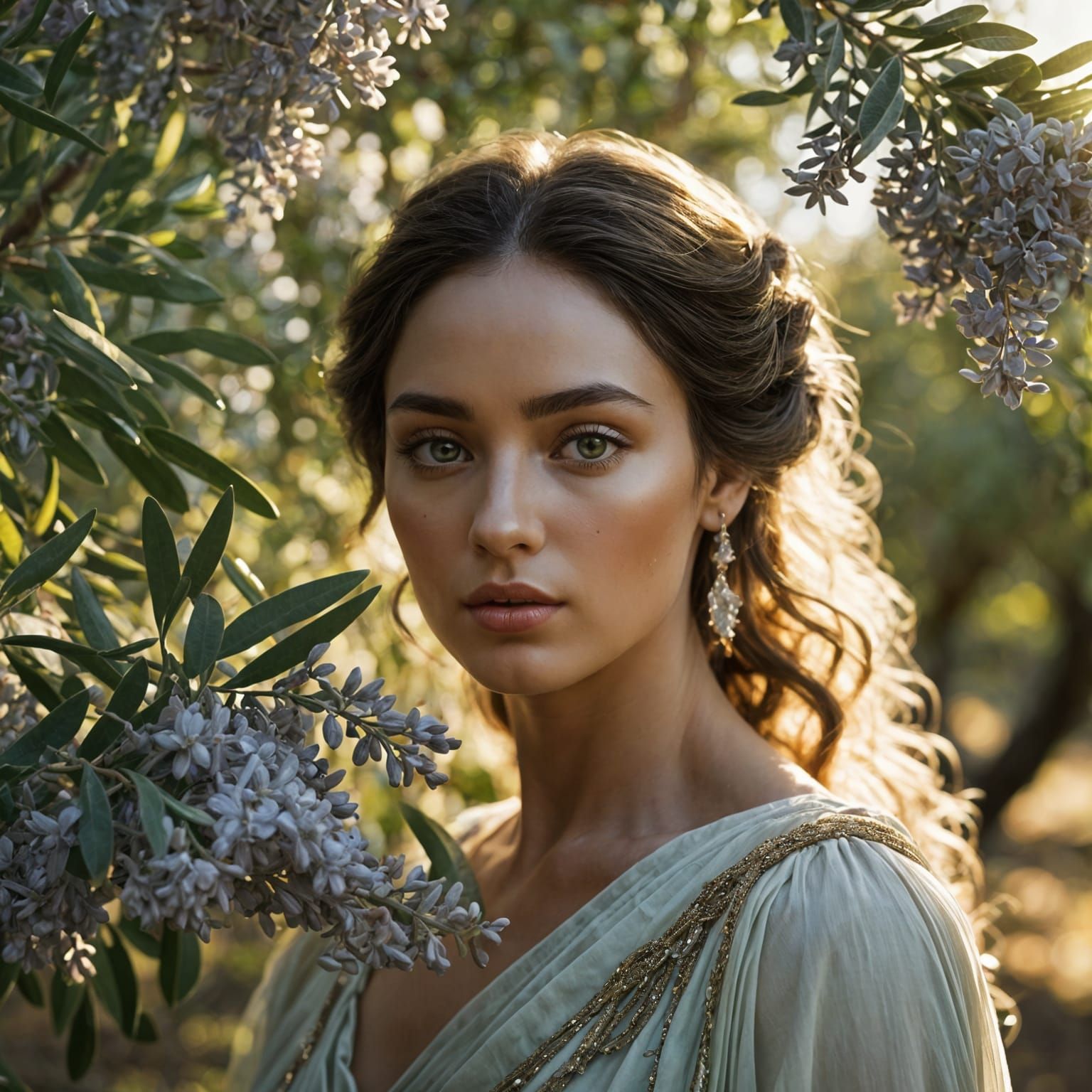 Mythical realism. Close-up and medium shot.  
Orseis Olivea, a blend of dryad and nymph, stands in a lush olive grove. G...