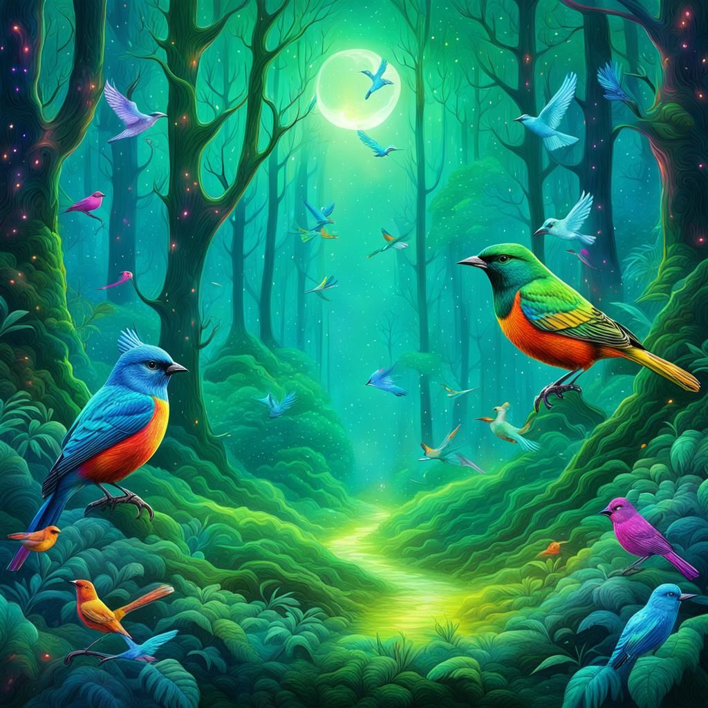 Vibrant Birds in Whimsical Forest