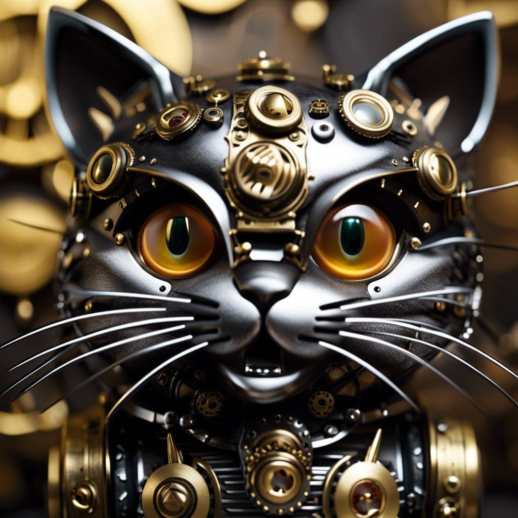 Steampunk Robot Cat with Metal Fangs and Buttons
