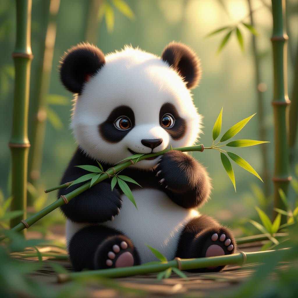 Baby Panda Chewing Bamboo in Vibrant 3D Anime Style