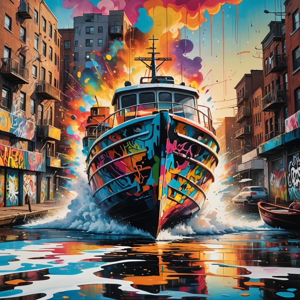 Vibrant Street Art Explosion: Boat in Colorful Chaos