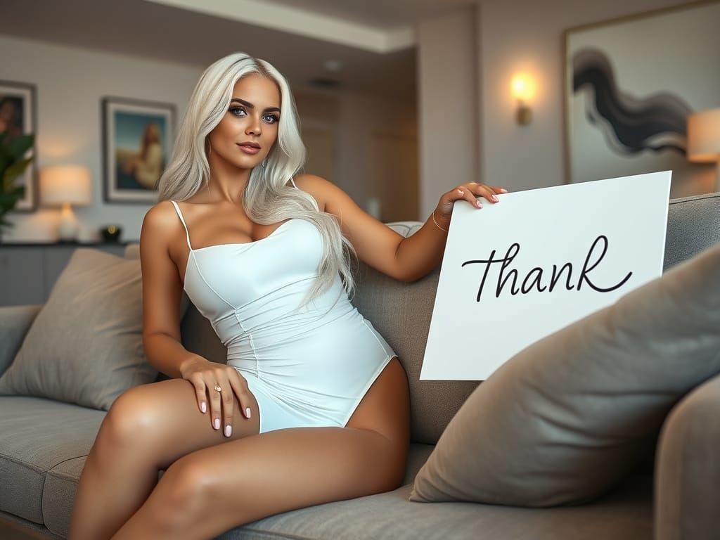 Beautiful Woman in Latex Dress Holding Thank You Sign