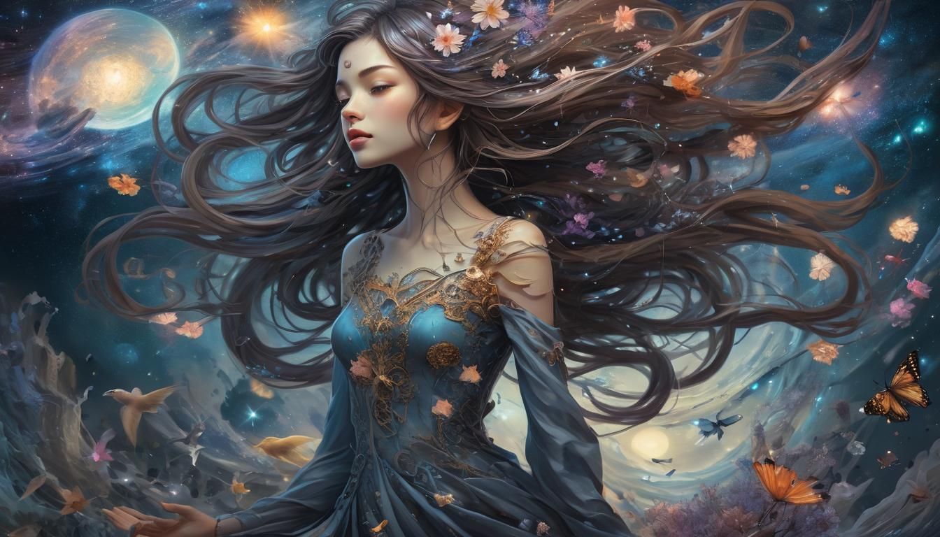 Enchanting Surrealist Goddess with Galaxy in Hand, Set Again...