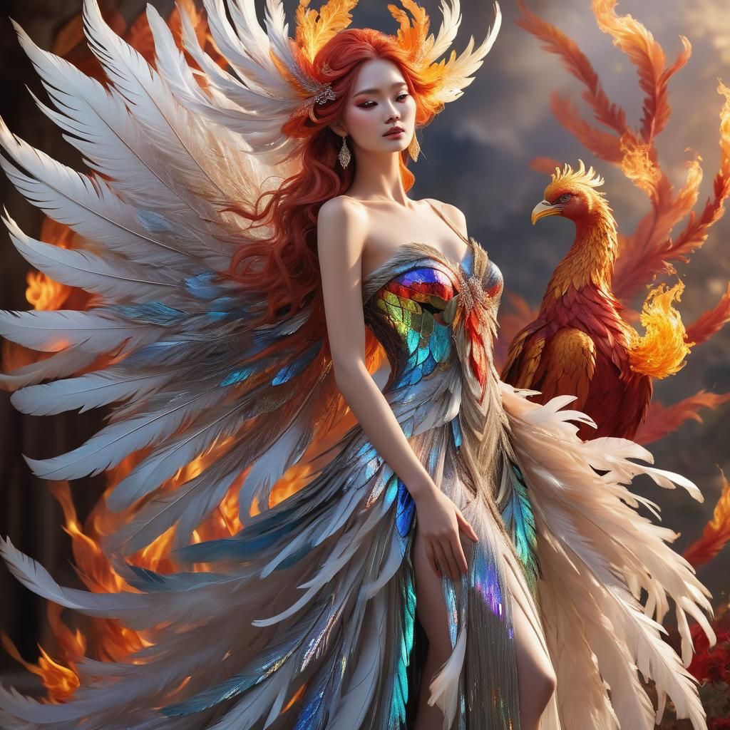 Celestial Goddess and Phoenix in Ethereal Harmony