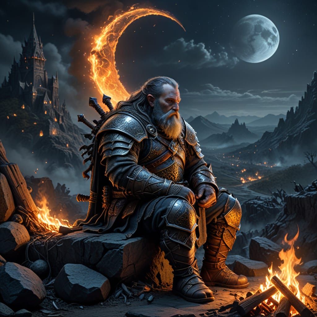 Dwarf by Moonlit Fire in Dark Fantasy Landscape