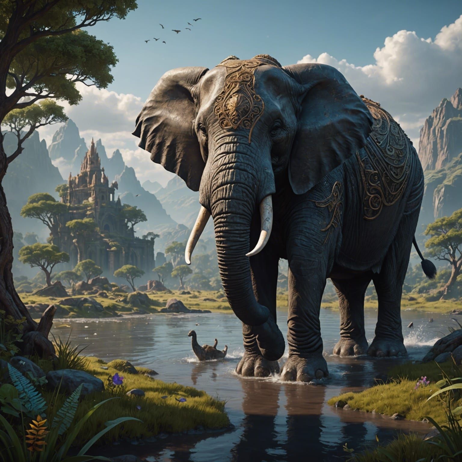 Mythical Loxodon in Vibrant Fantasy Realm
