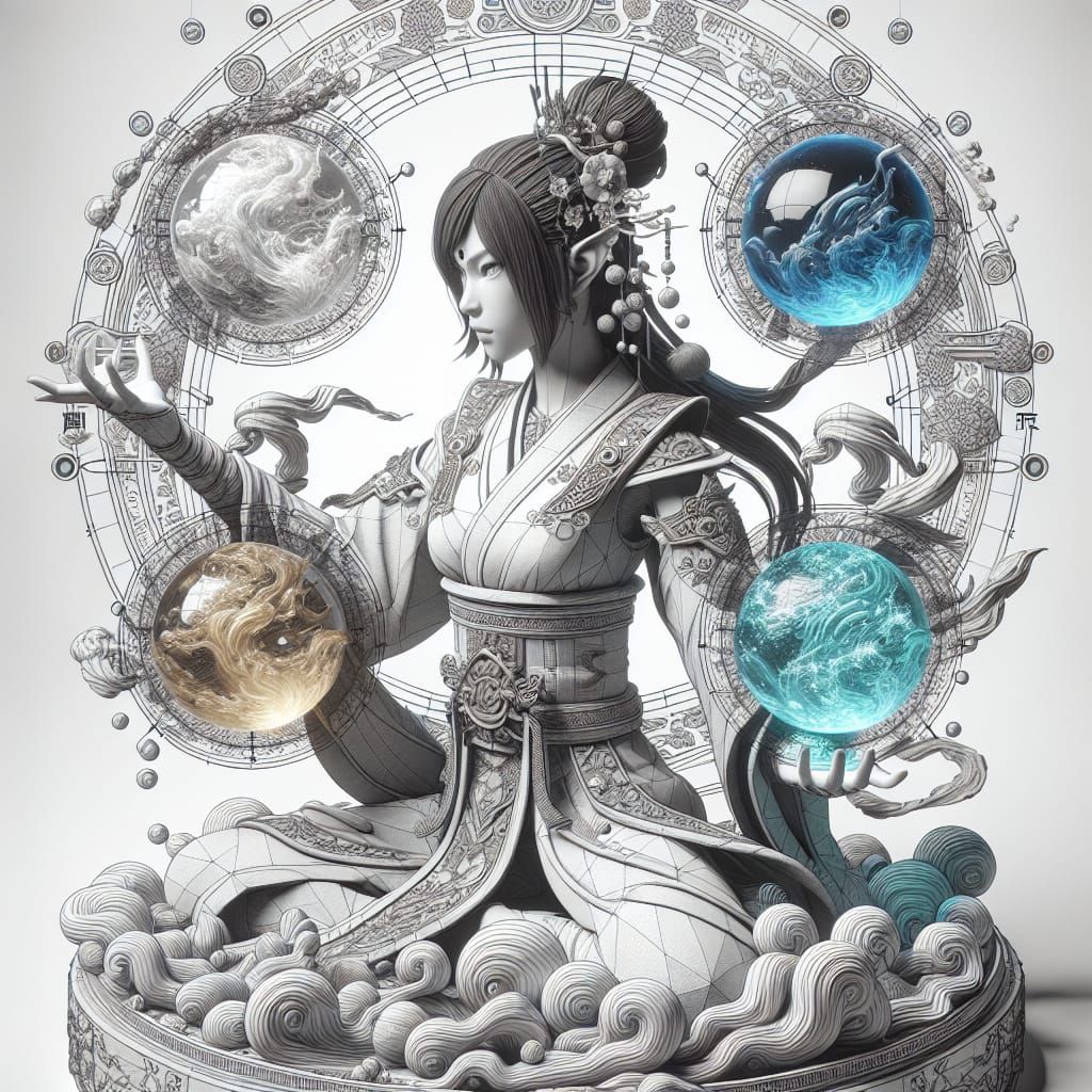 Fantasy Monk Mastering Ancient Elements in Intricate Art
