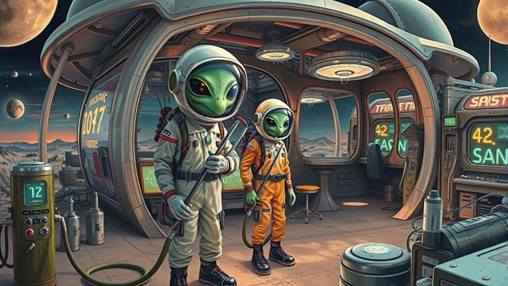 Ethereal Cosmic Gas Station in Futuristic Saturnian Landscap...