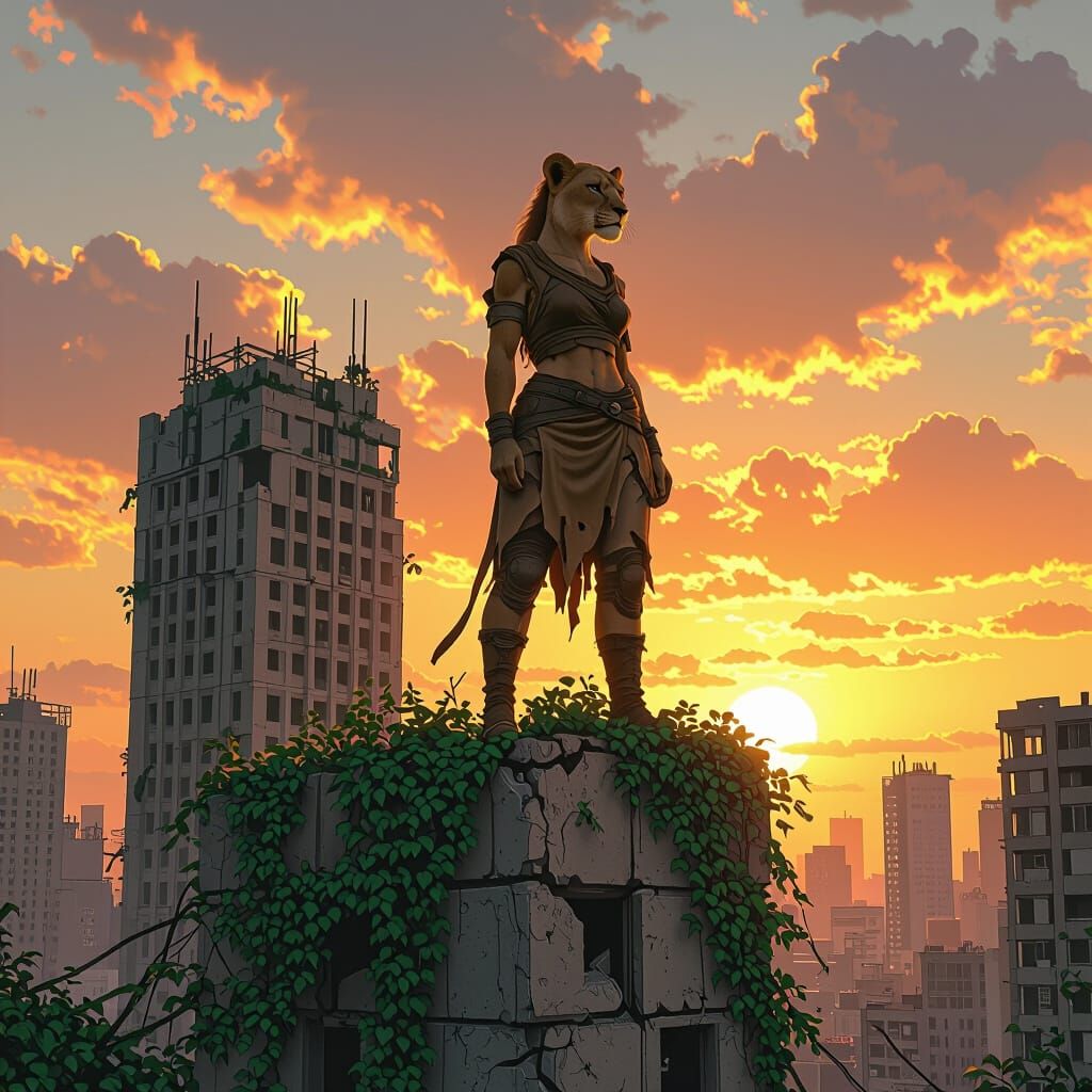 Lioness in Ruins: A Post-Apocalyptic Art Nouveau Vision