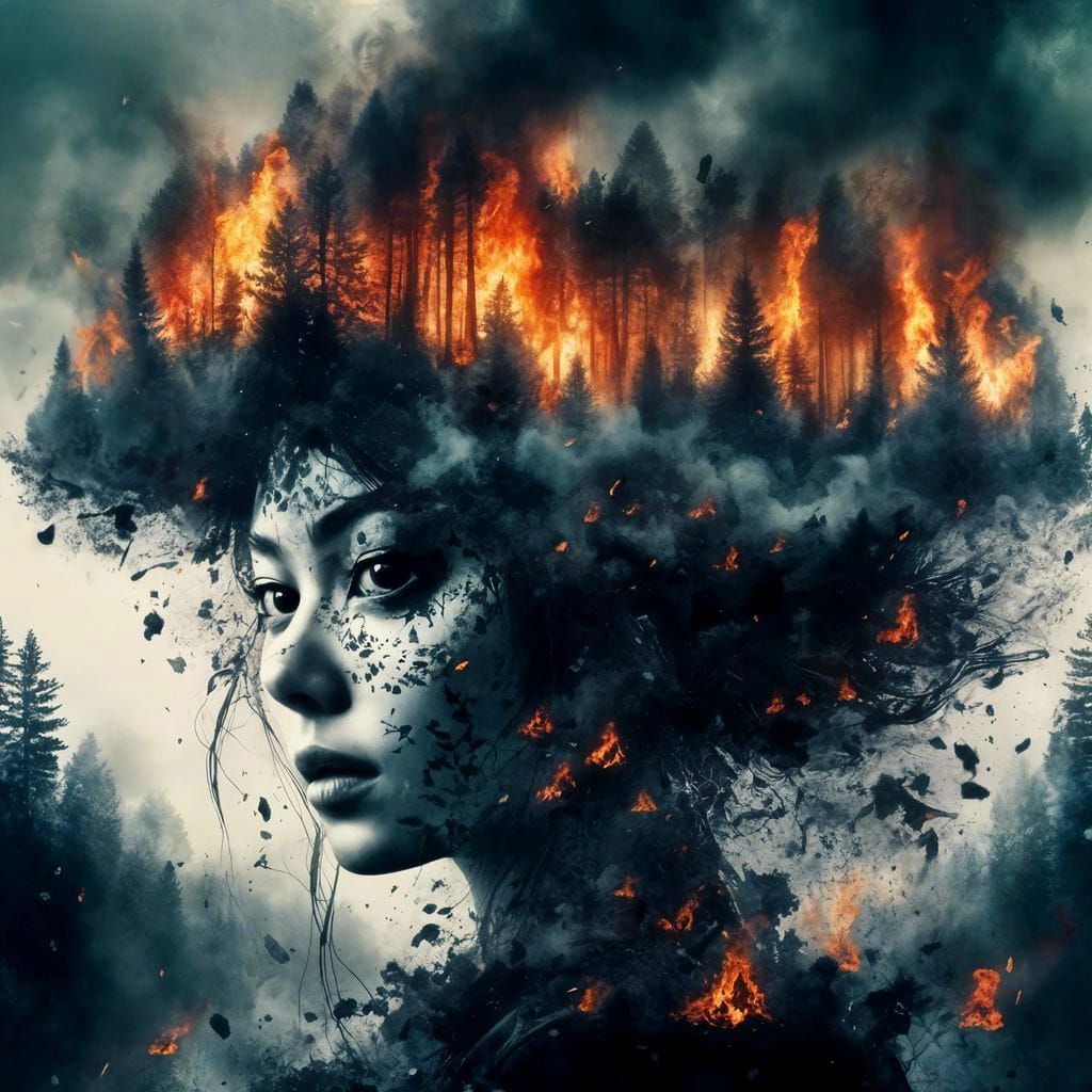 Surreal Double Exposure Art of a Witch in a Burning Forest L...