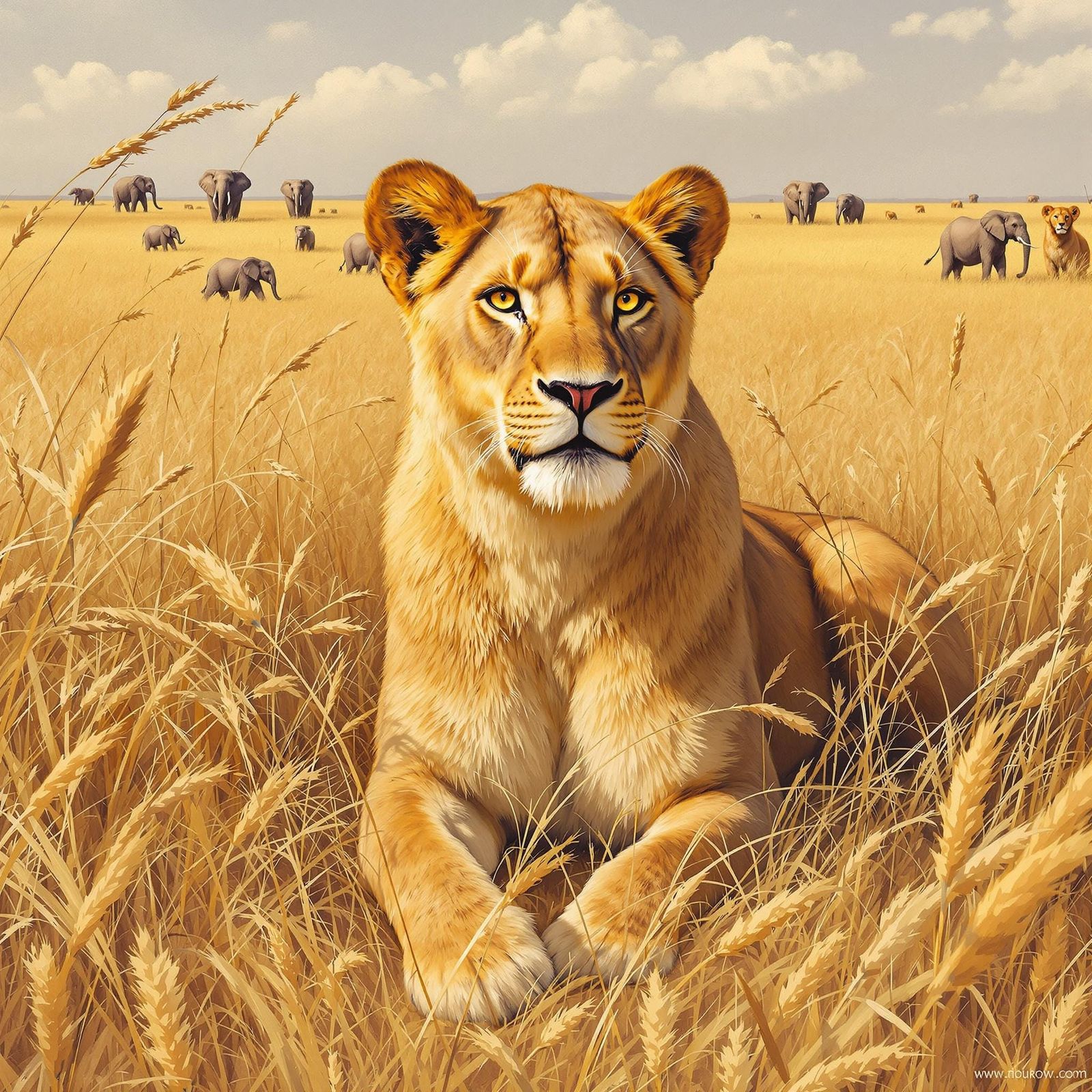 Lioness in African Savannah, Wildlife Art