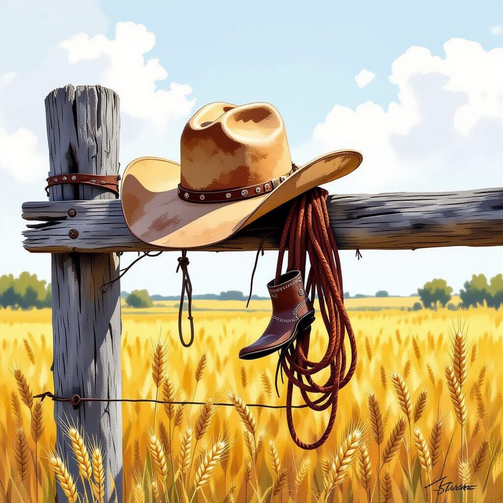 Cowboy Hat and Spurs on Fence Post, Mixed Media