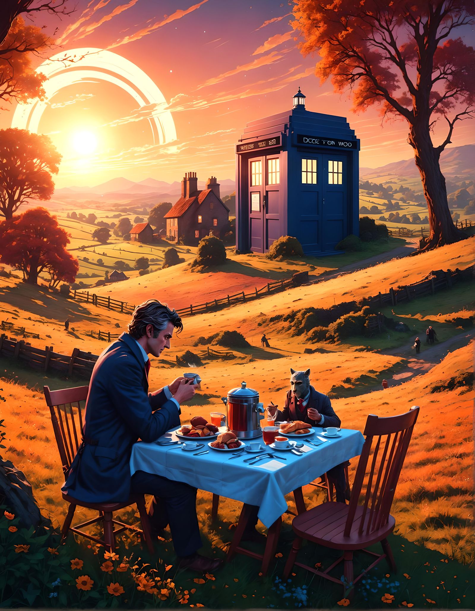 Doctor Who in a Cozy Countryside Breakfast Scene, Warm Tones