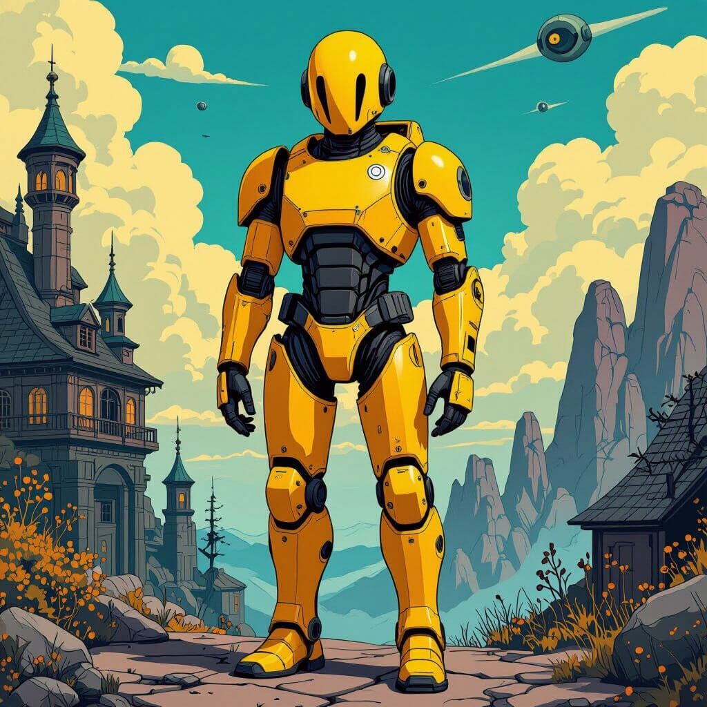 Yellow Comic Book Character in Detailed Matte Painting Style