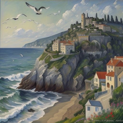 Seaside Village Cliffside Oil Painting in Art Nouveau Style