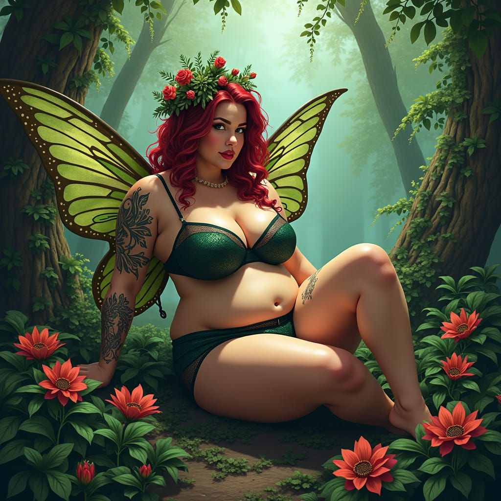Sensual Plus-Size Fairy Reclines in Enchanted Forest