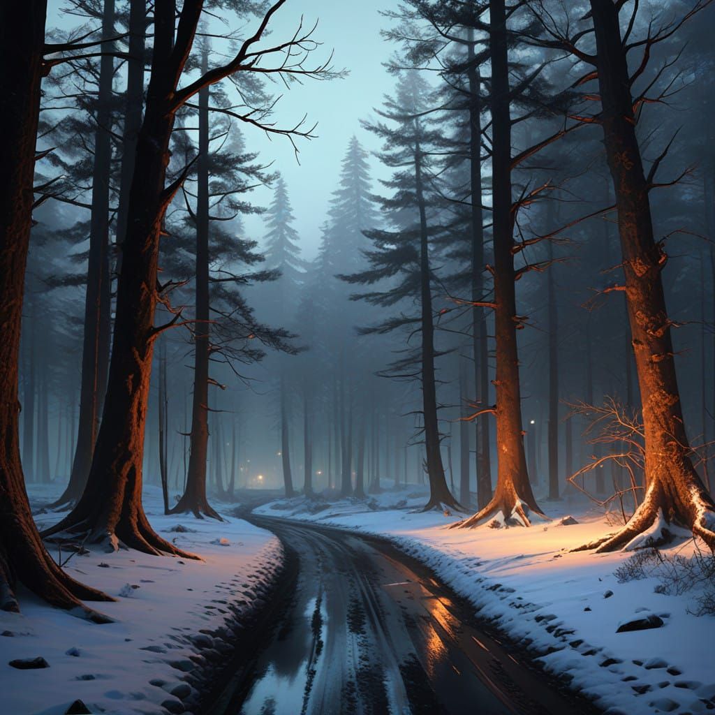 Ethereal Winter Landscape under Moonlit Canopy