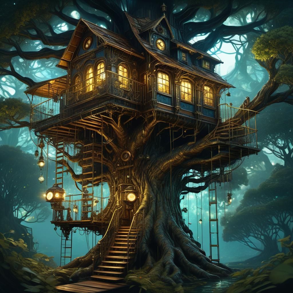 Ethereal Steampunk Treehouse in Whimsical Splendor