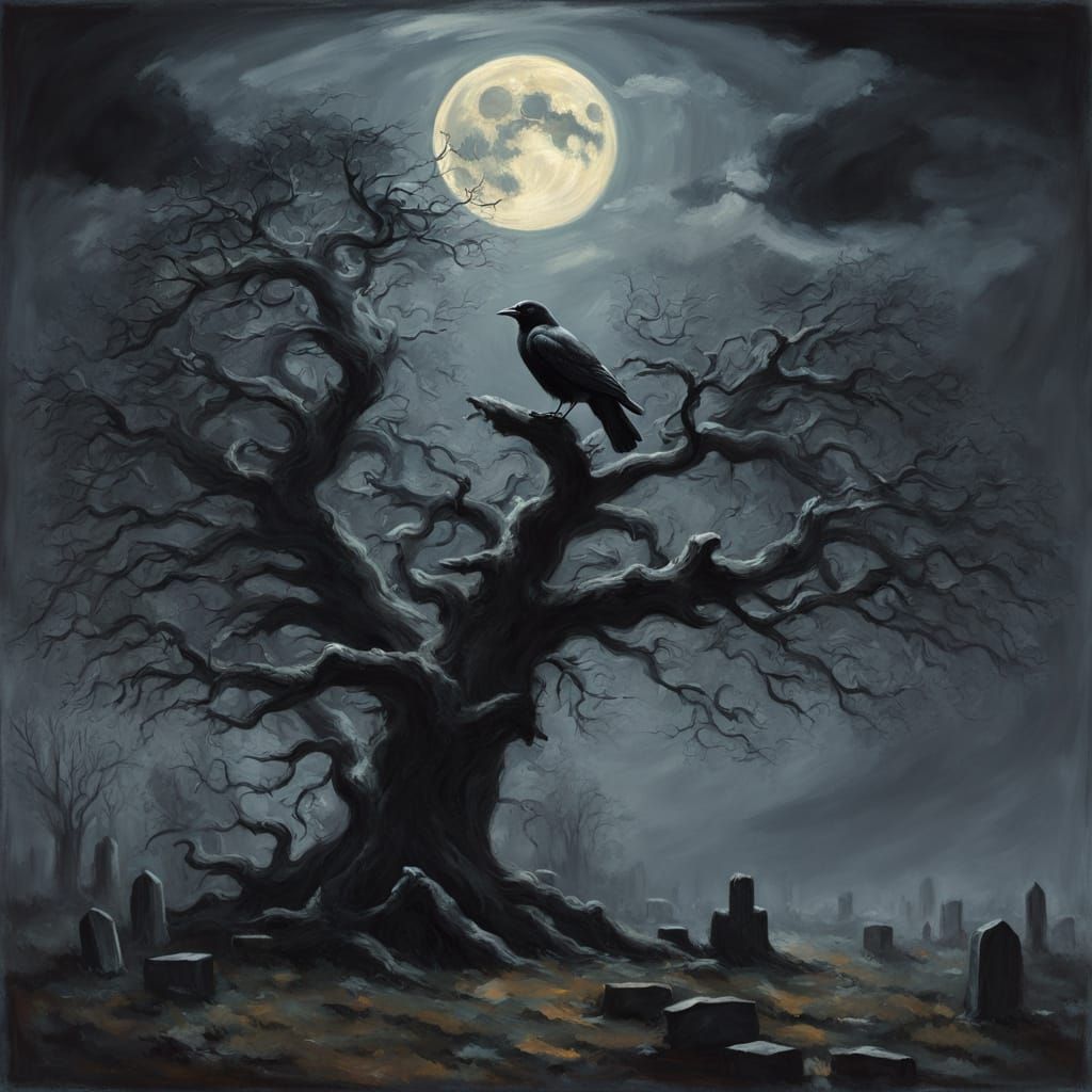 A lone raven with iridescent feathers perches atop a gnarled, ancient oak tree in a forgotten graveyard, its eyes gleami...
