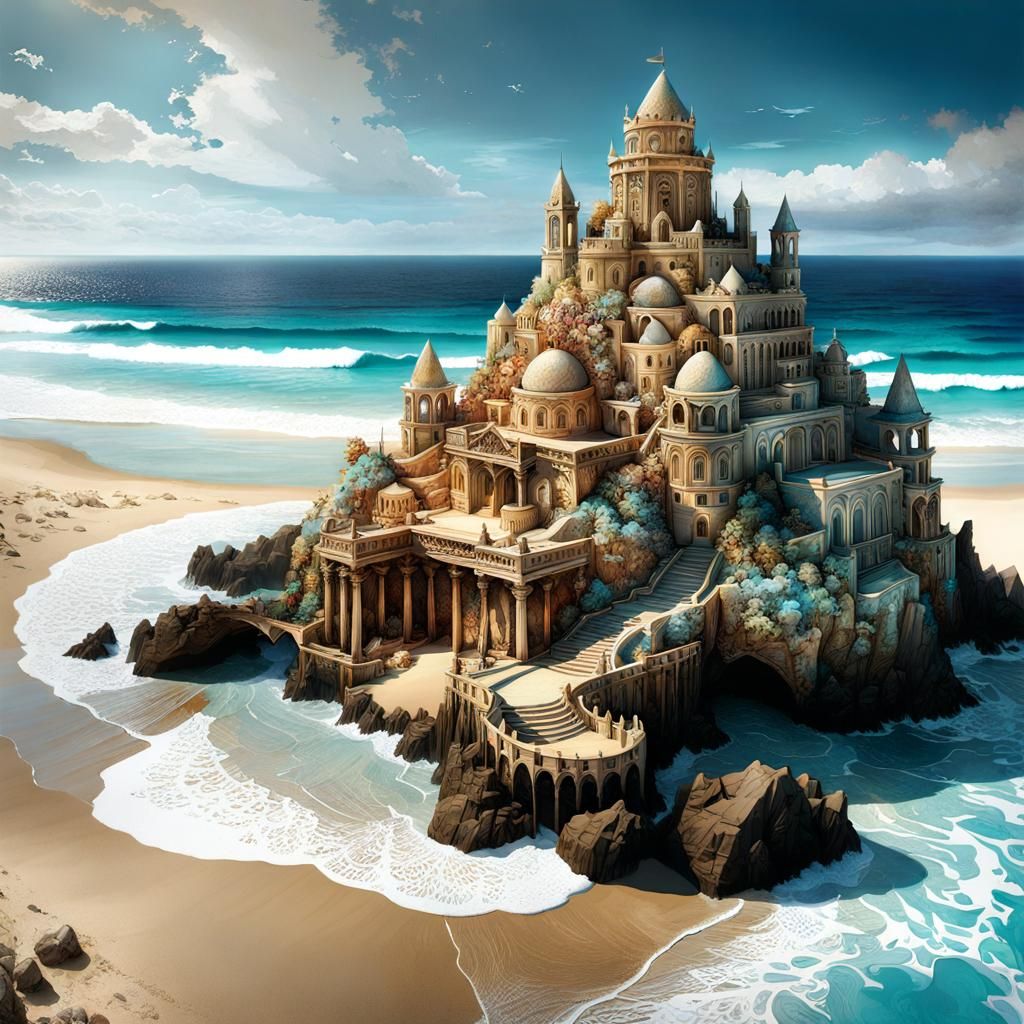 Life-size sandcastle on the rocks