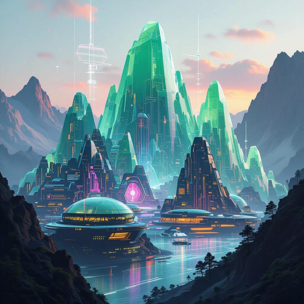 Jade Alien Mountains with Cyberpunk Habitats