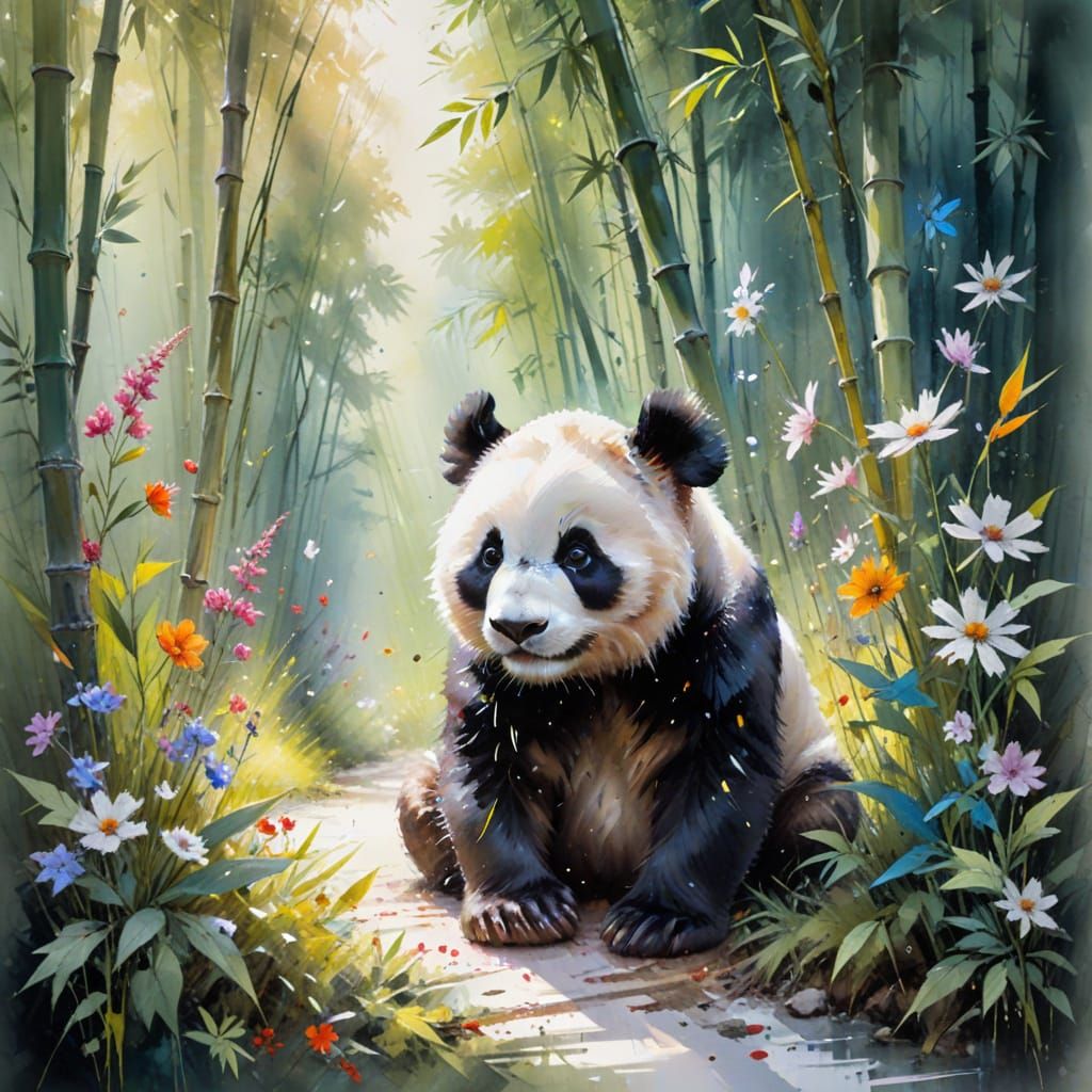 Adorable Panda in Sunlit Bamboo Forest, Watercolor Style