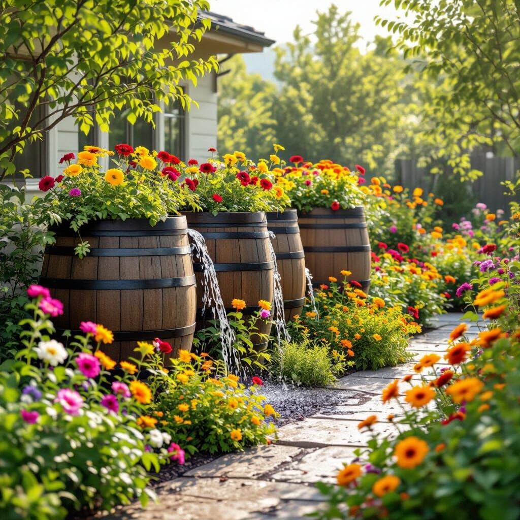 Rain Barrels in Xeriscape Garden, Vibrant Colors